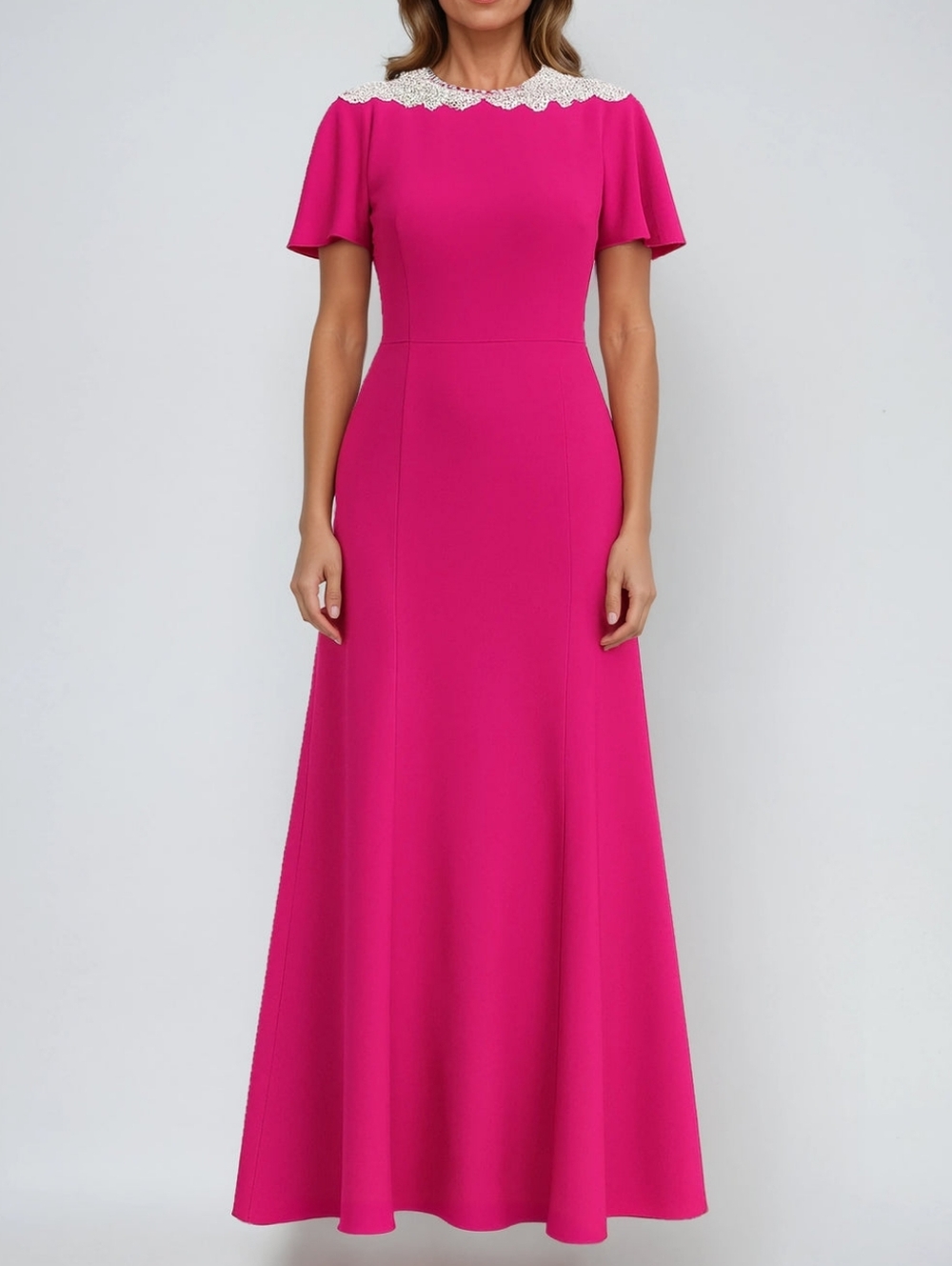 NWT Rene Rene Ruiz Pink Crepe Flutter Sleeve Beaded Collar Gown Size 16